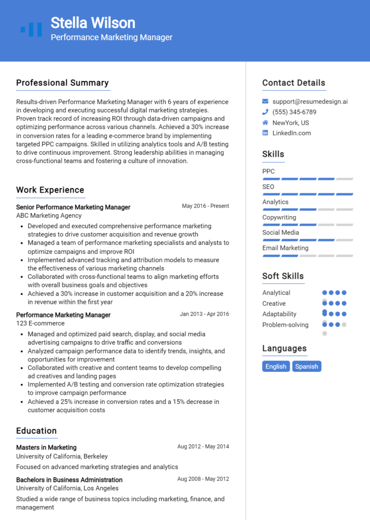 Performance Marketing Manager Resume Example