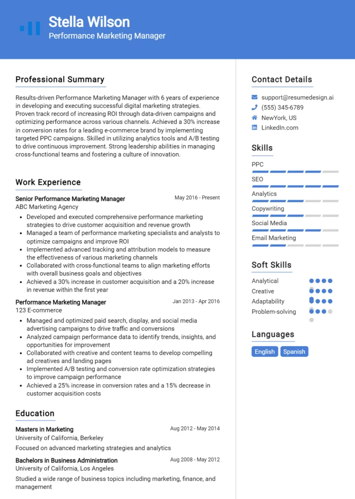 Performance Marketing Manager Resume Example