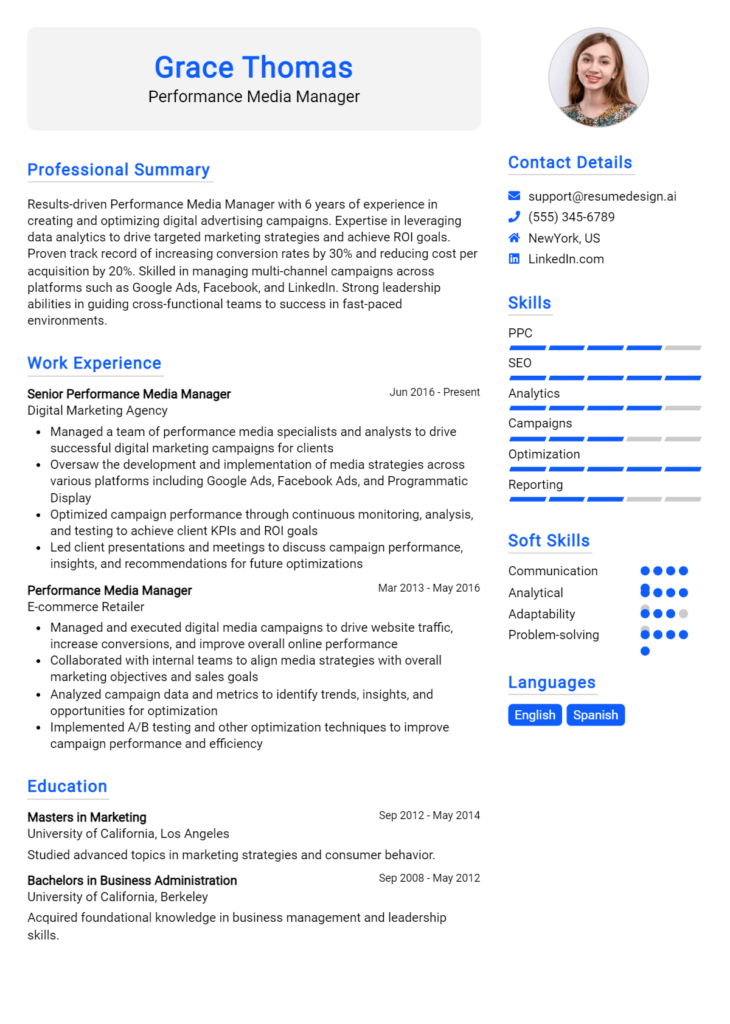 Performance Media Manager Resume Example