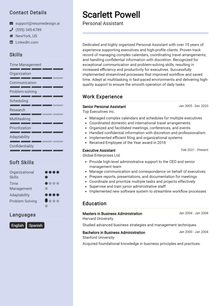 Personal Assistant Resume Example