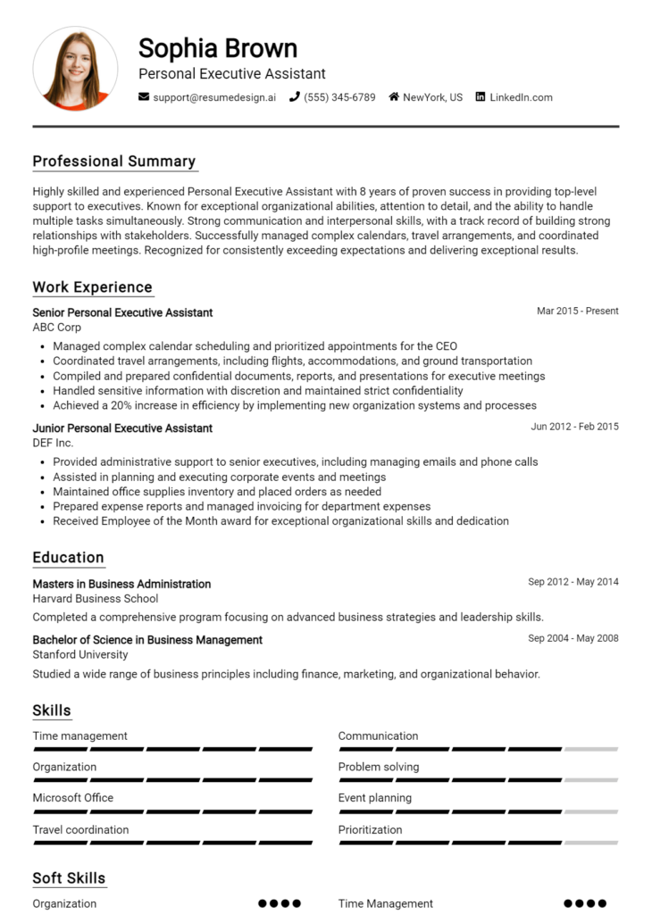 Personal Executive Assistant Resume Example