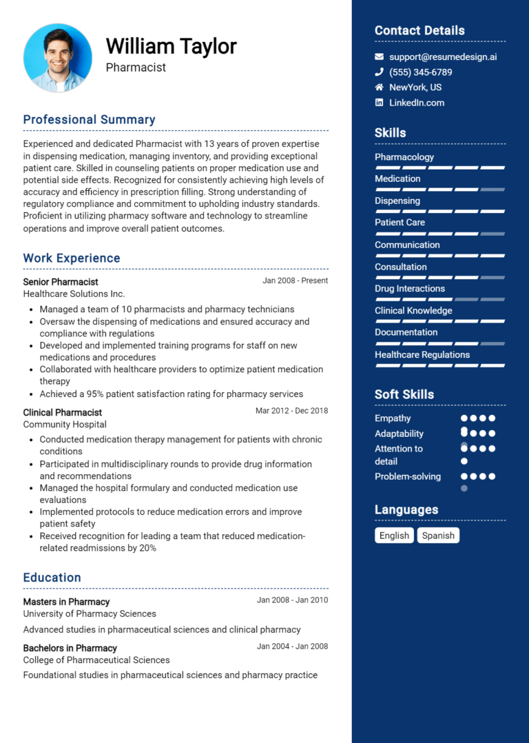 14 Pharmacist Resume Examples And Templates for 2024 - ResumeDesign.ai