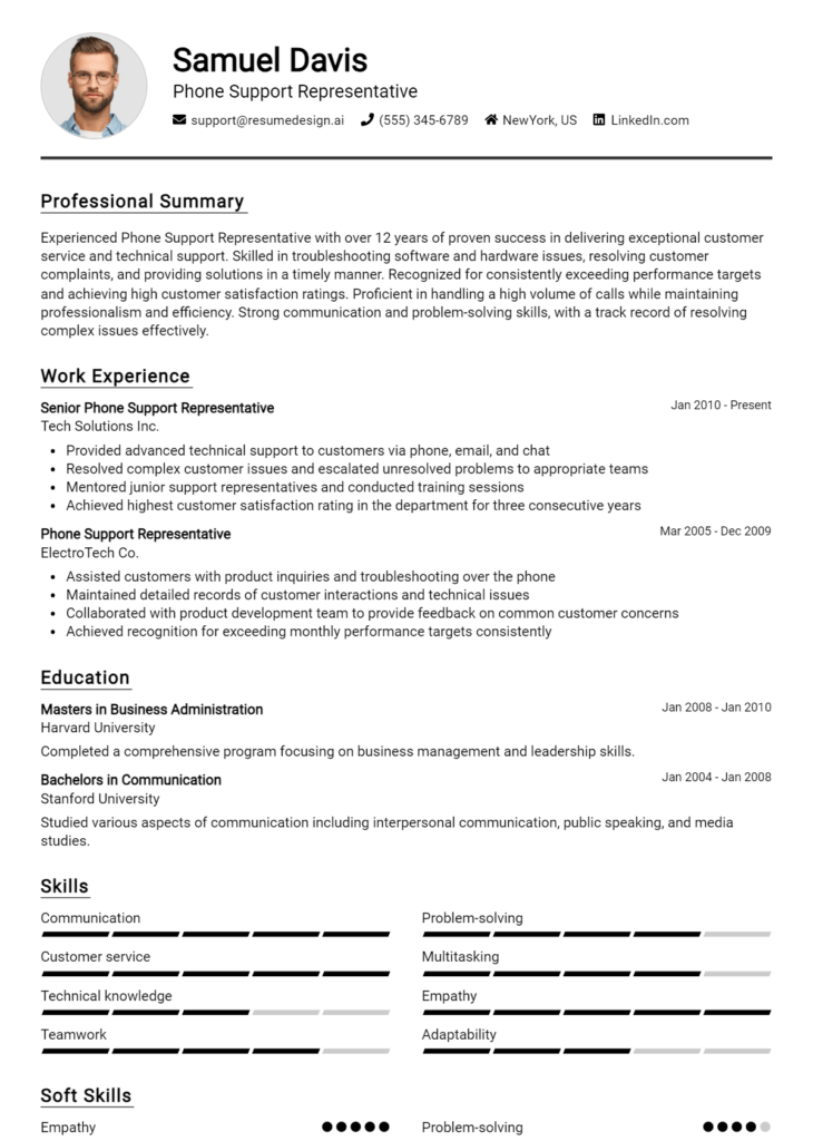 Phone Support Representative Resume Example