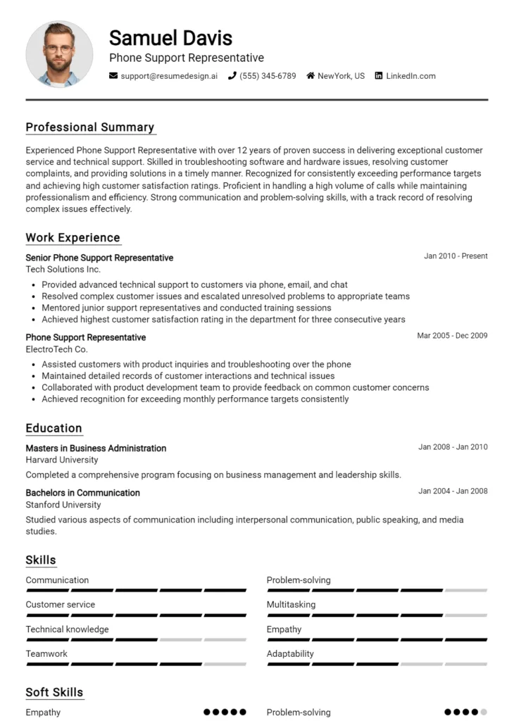 Phone Support Representative Resume Example