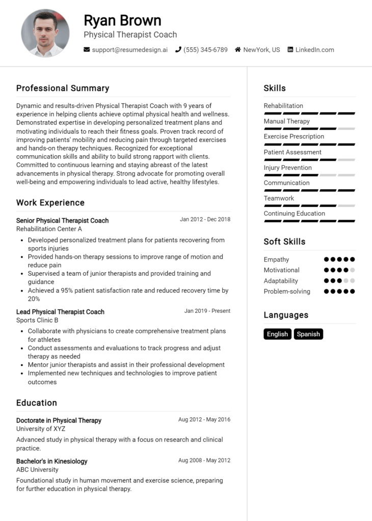 Physical Therapist Coach Resume Example