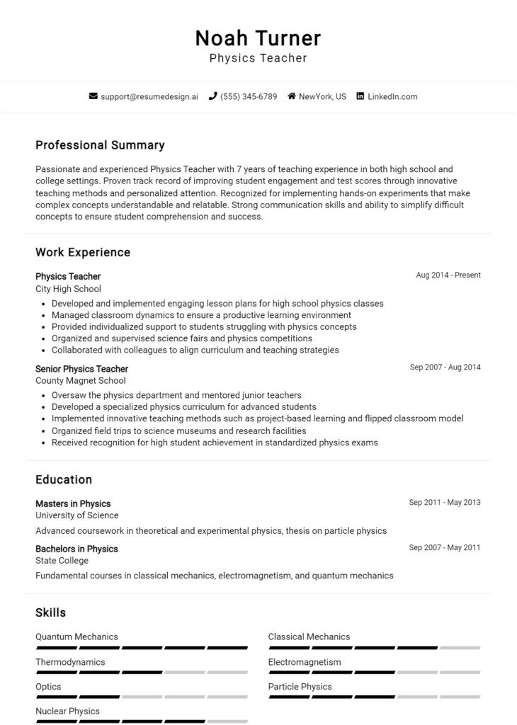 Physics Teacher Resume Example