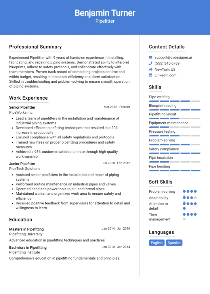 Pipefitter Resume Example