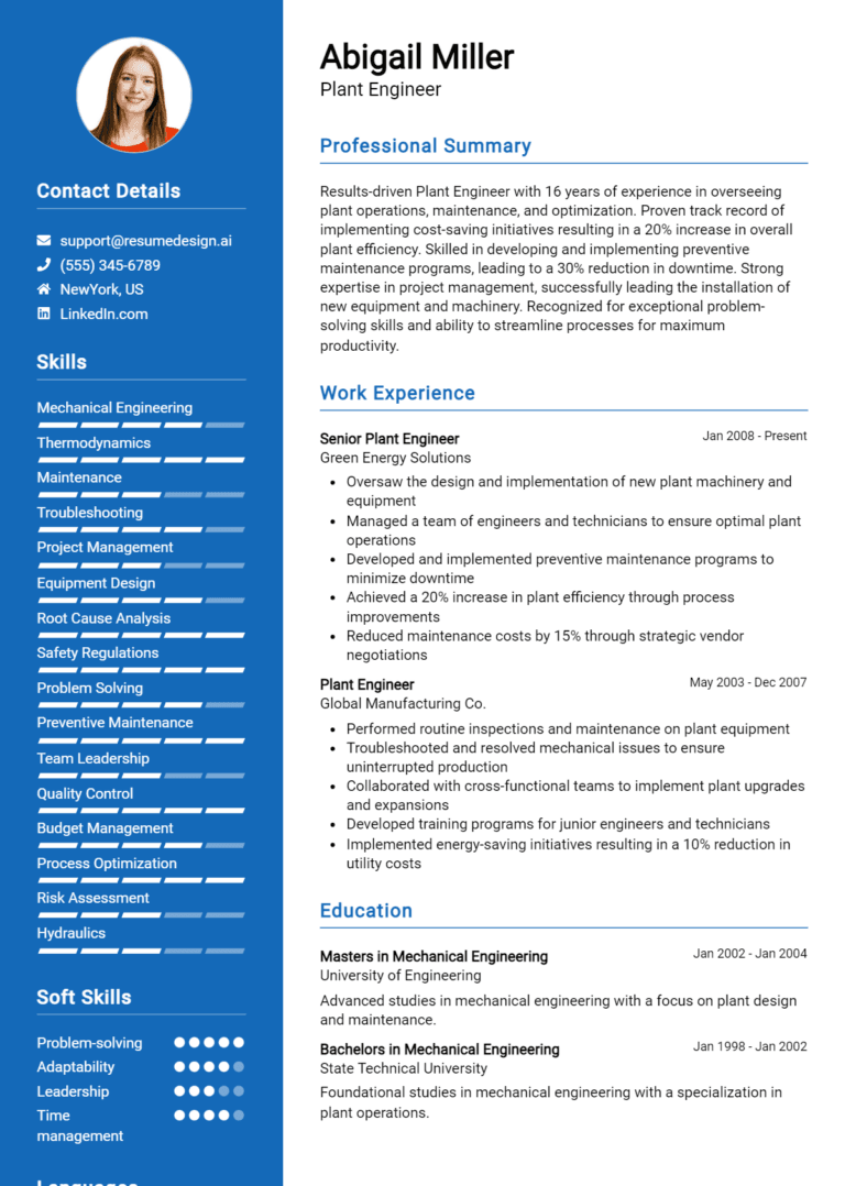 18 Plant Engineer Resume Examples And Templates for 2025 (Downloadable)
