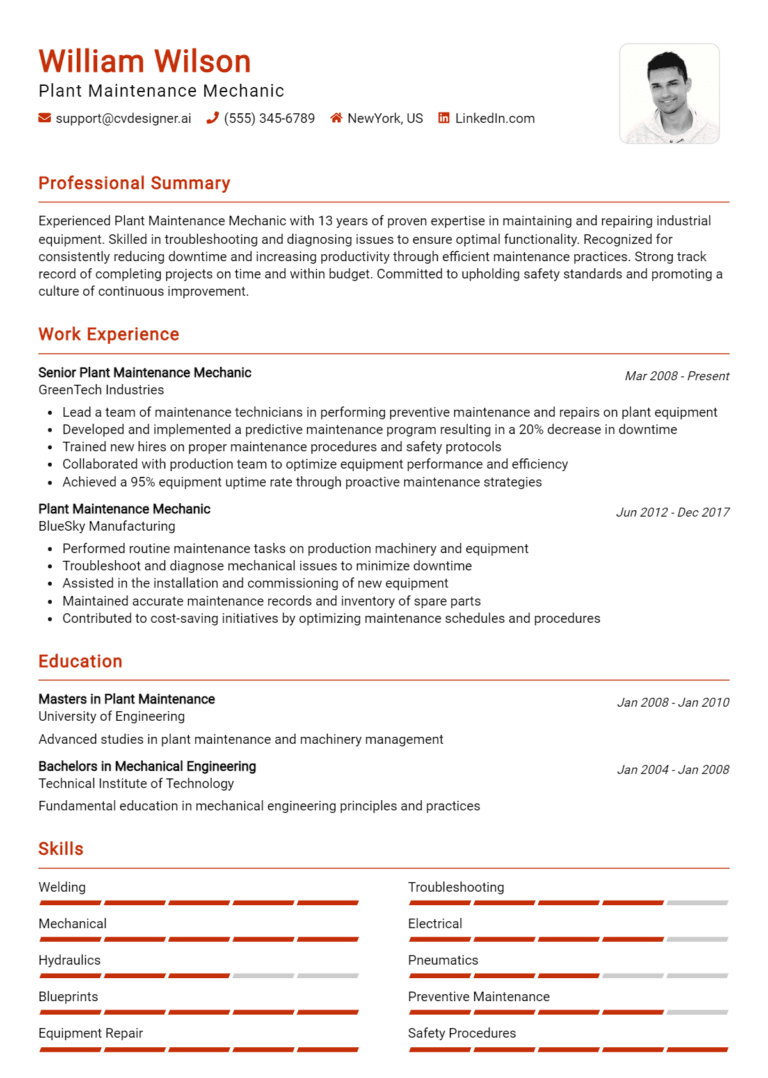 21 Plant Maintenance Mechanic Resume Examples And Templates for 2025