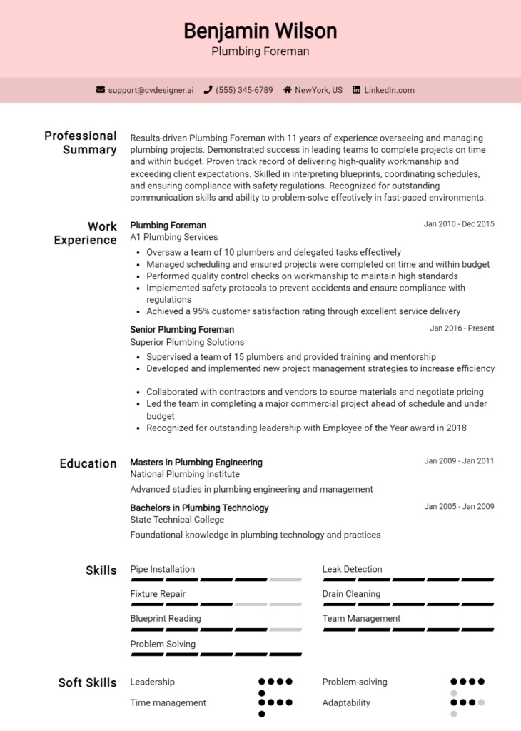 Plumbing Foreman Resume Example