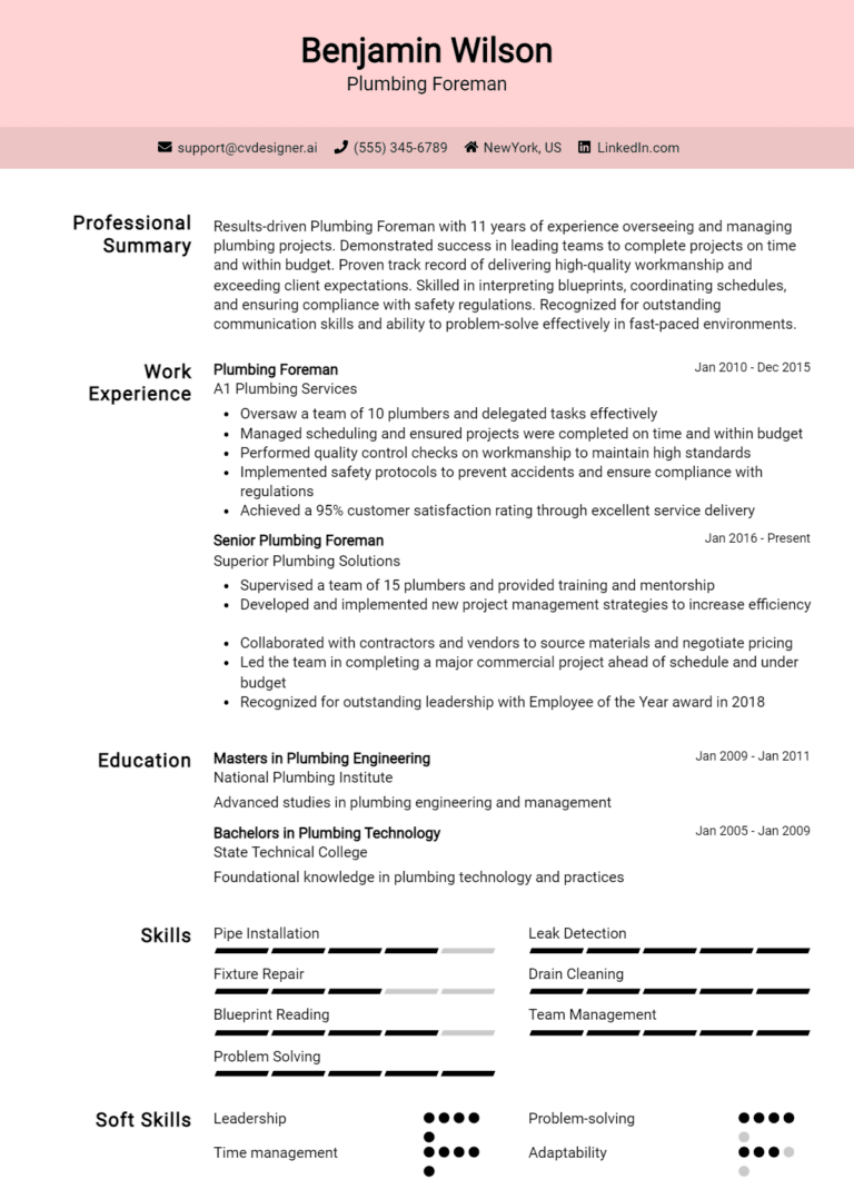 23 Plumbing Foreman Resume Examples And Templates for 2025