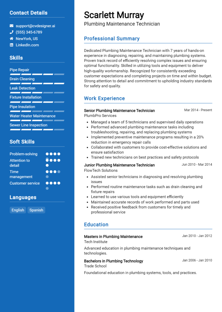 Plumbing Maintenance Technician Resume Example