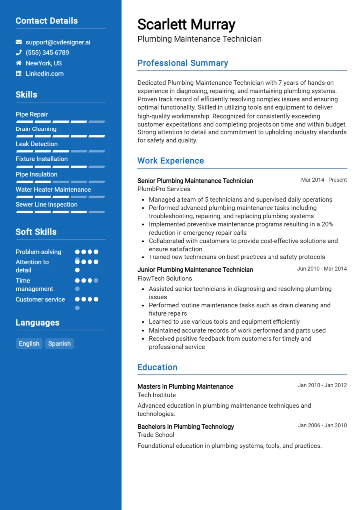 Plumbing Maintenance Technician Resume Example