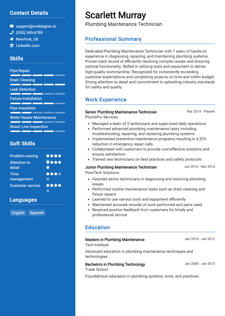 23 Plumbing Maintenance Technician Resume Examples And Templates for 2025