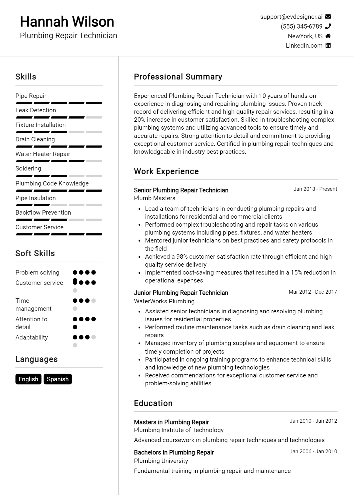 Plumbing Repair Technician Resume Example