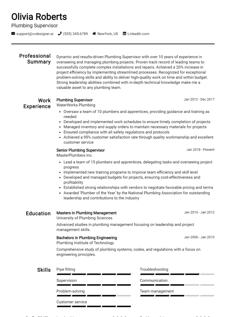 Plumbing Supervisor Resume Example