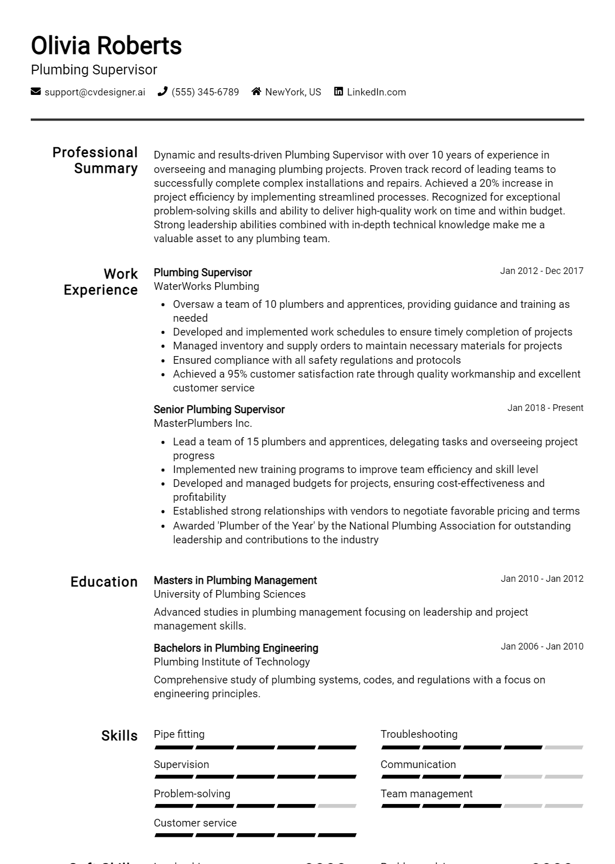 Plumbing Supervisor Resume Example