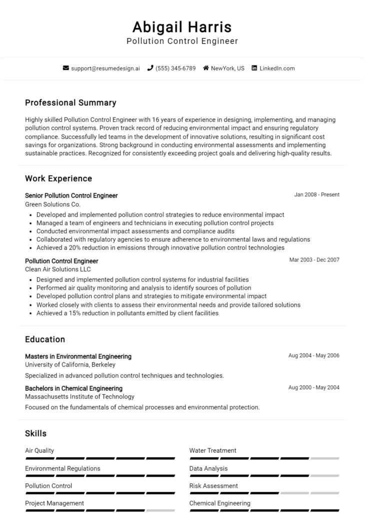 Pollution Control Engineer Resume Example