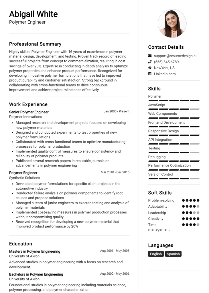 Polymer Engineer Resume Example