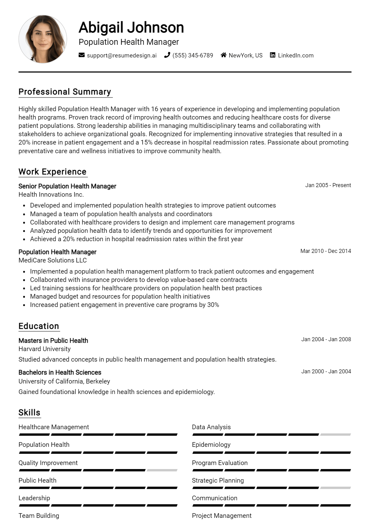 Population Health Manager Resume Example