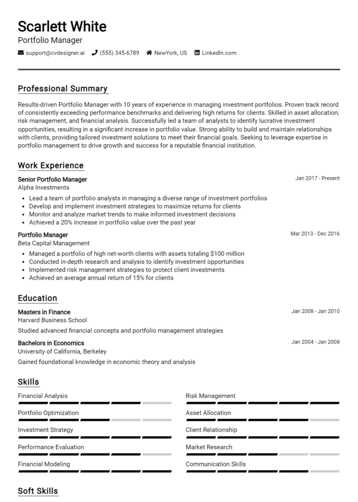 Portfolio Manager Resume Example