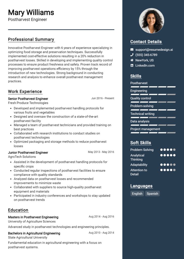 Postharvest Engineer Resume Example