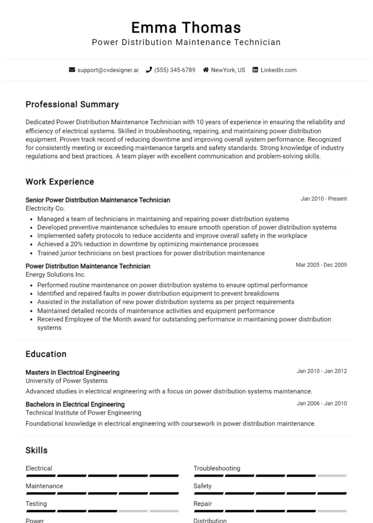 Power Distribution Maintenance Technician Resume Example