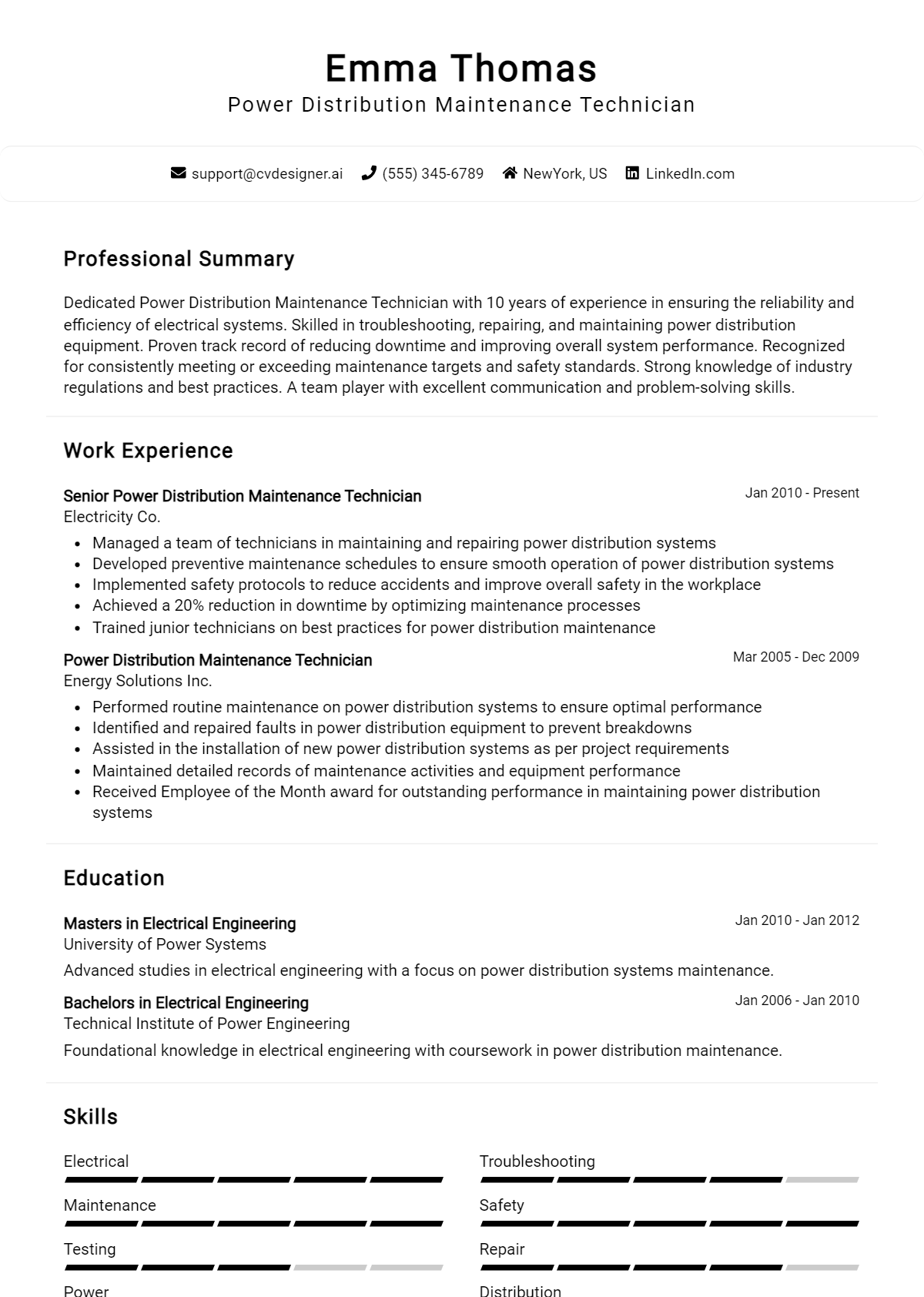 Power Distribution Maintenance Technician Resume Example