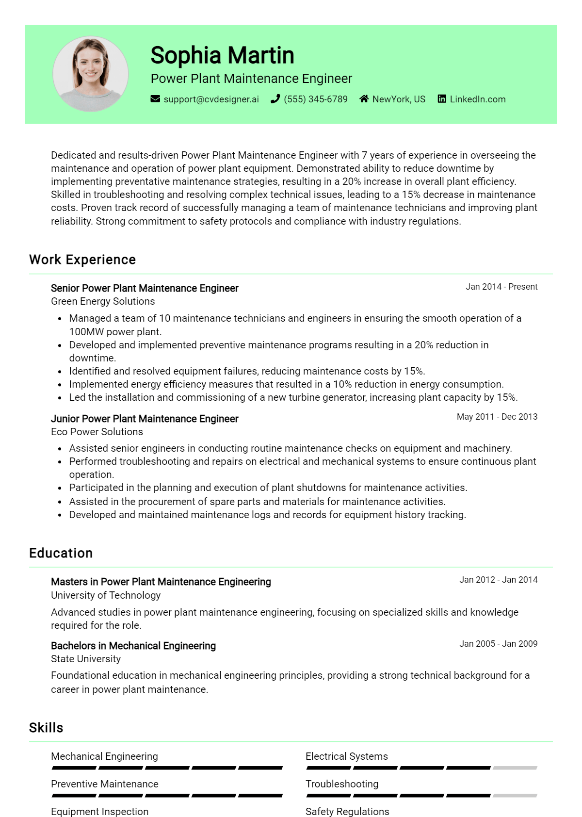 Power Plant Maintenance Engineer Resume Example