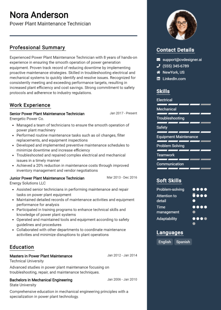 Power Plant Maintenance Technician Resume Example