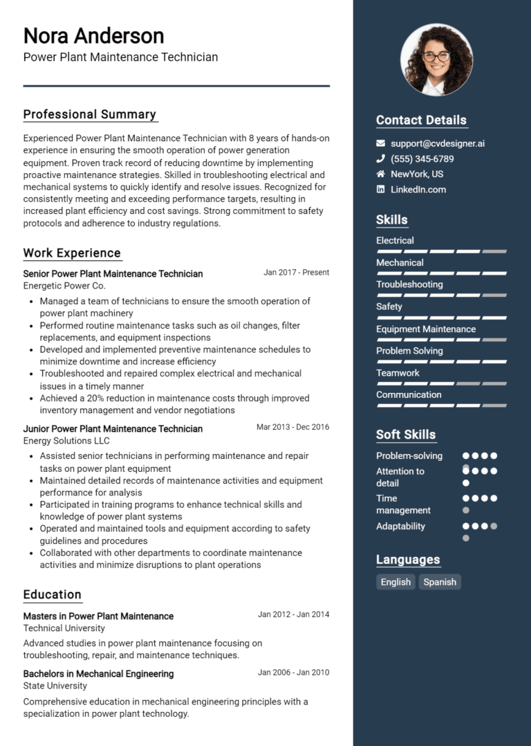 14 Power Plant Maintenance Technician Resume Examples And Templates for 2025