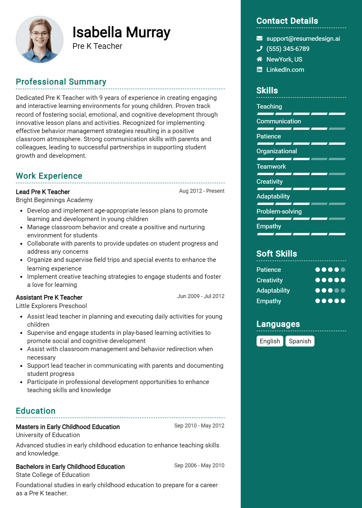 Pre K Teacher Resume Example