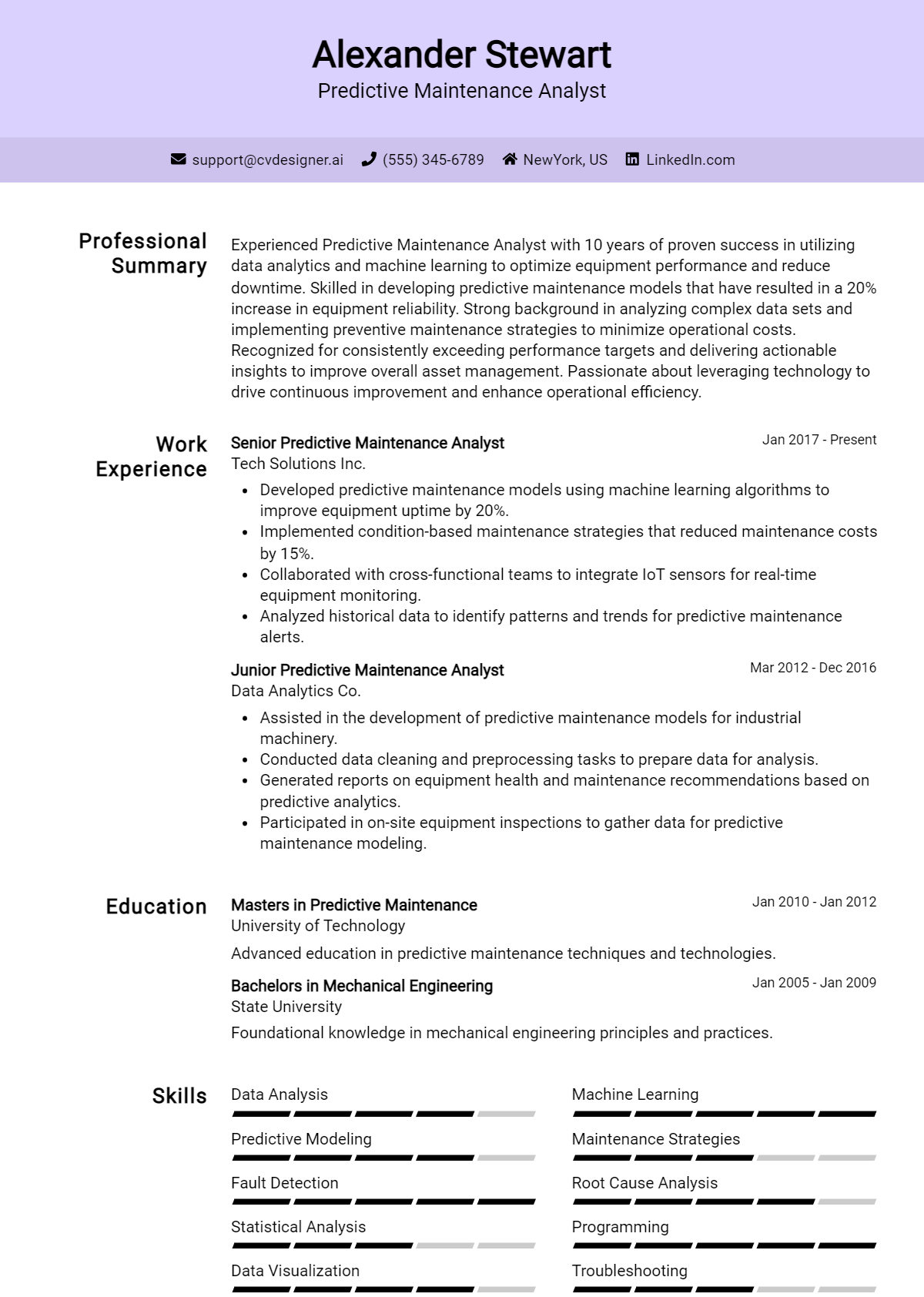 Predictive Maintenance Analyst Resume Example