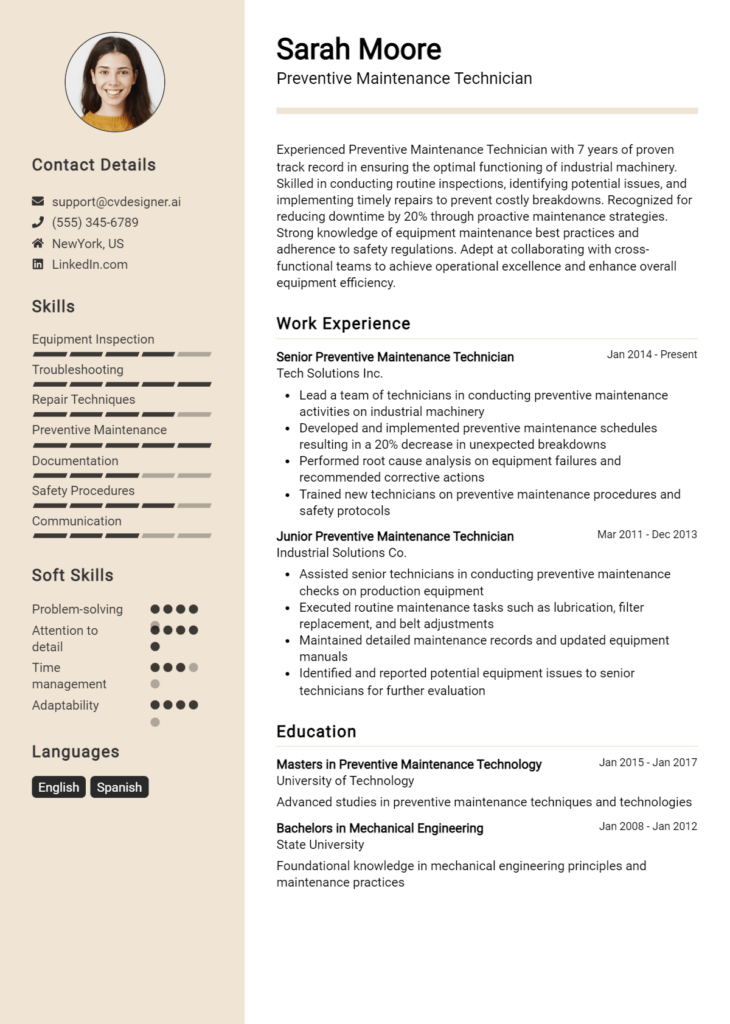 Preventive Maintenance Technician Resume Example