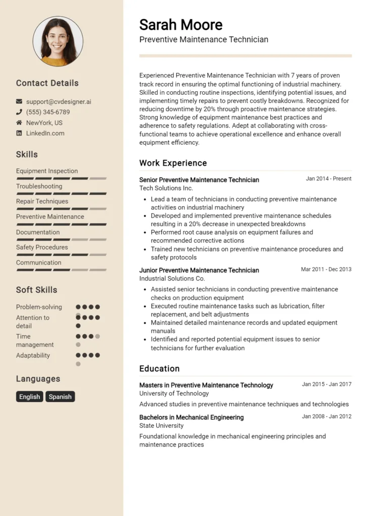 Preventive Maintenance Technician Resume Example