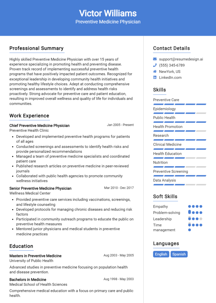 Preventive Medicine Physician Resume Example