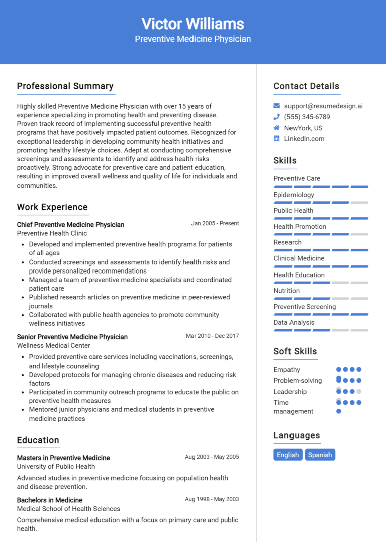 35 Preventive Medicine Physician Resume Examples And Templates for 2025: Expert Tips