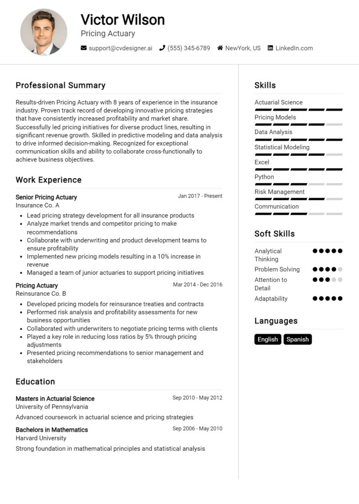 Pricing Actuary Resume Example