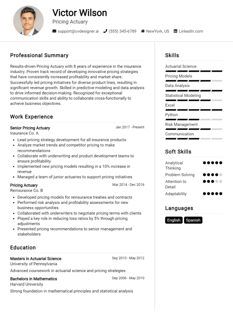 16 Pricing Actuary Resume Examples And Templates for 2025