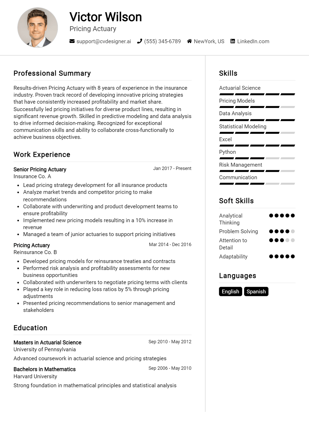 Pricing Actuary Resume Example