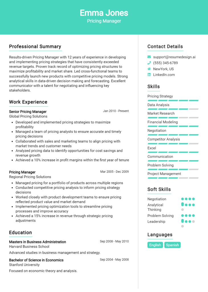 Pricing Manager Resume Example