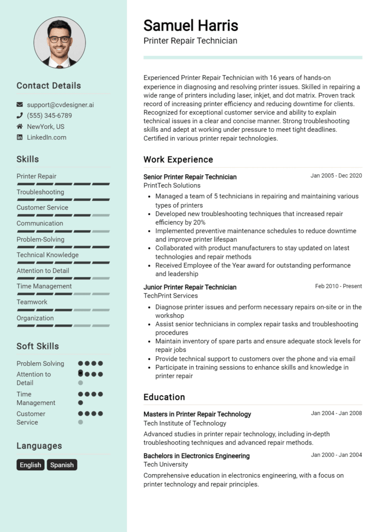 15 Printer Repair Technician Resume Examples And Templates for 2025: Expert Tips