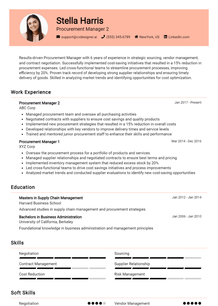 Procurement Manager 2 Resume Example