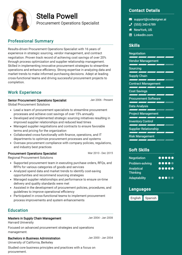 Procurement Operations Specialist Resume Example