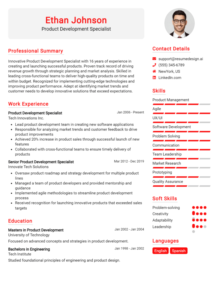 Product Development Specialist Resume Example