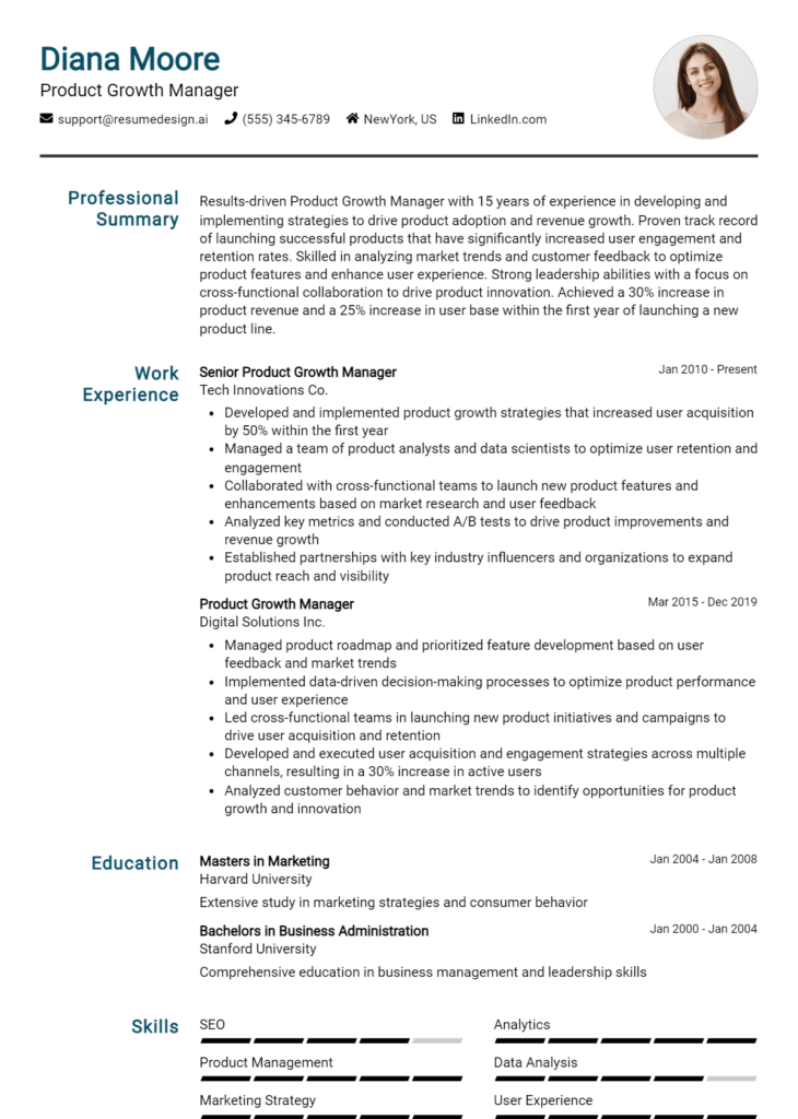 Product Growth Manager Resume Example