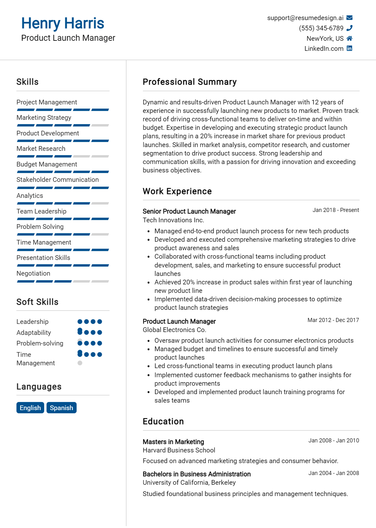 Product Launch Manager Resume Example