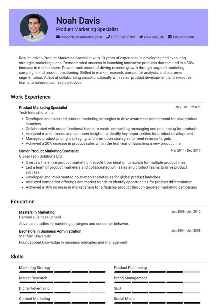 Product Marketing Specialist Resume Example