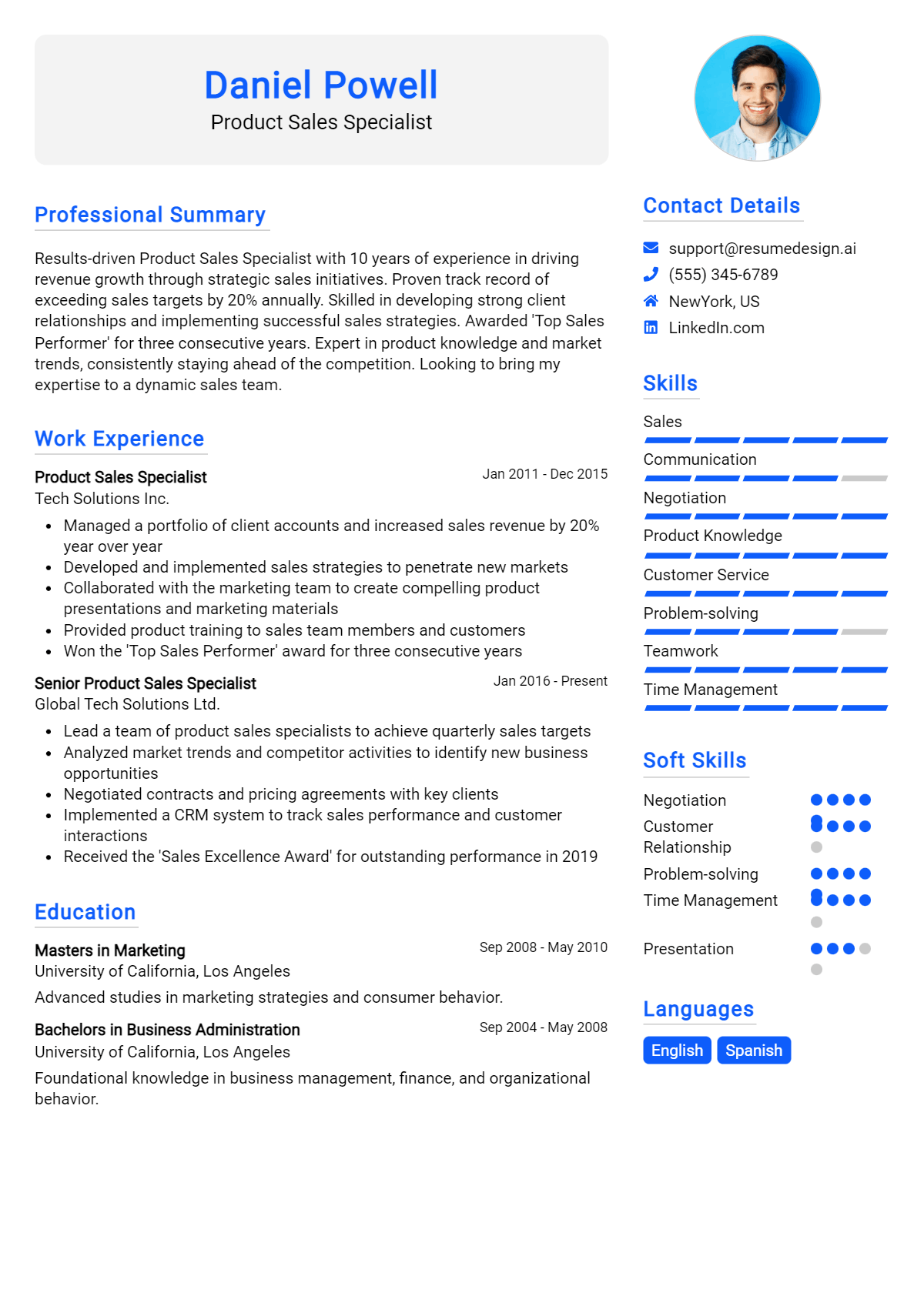 Product Sales Specialist Resume Example