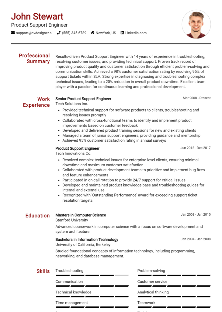 Product Support Engineer Resume Example